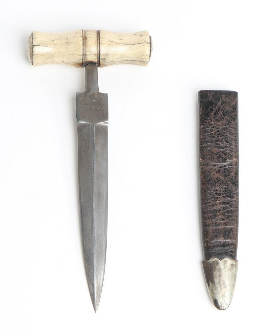 Bone Gambler's Push Dagger, by J.P. Murry: Fine Bone or style of Push Dagger with an old Whale bone T shaped carved handle and long slender knife, typical of that used in San Francisco circa late 19th C. The dagger includes original sheath wit