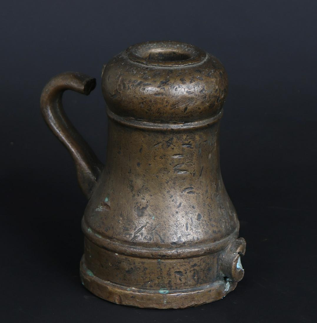 Destructed Spanish "Thunder Mug" Mortar Cannon, circa 1700's: Unusual bronze destructed cannon mortar or "Thunder Mug" used for signal fire in naval fleets or light cannon in siege warfare. The touch hole widened from a blast or use with handle broken and separa