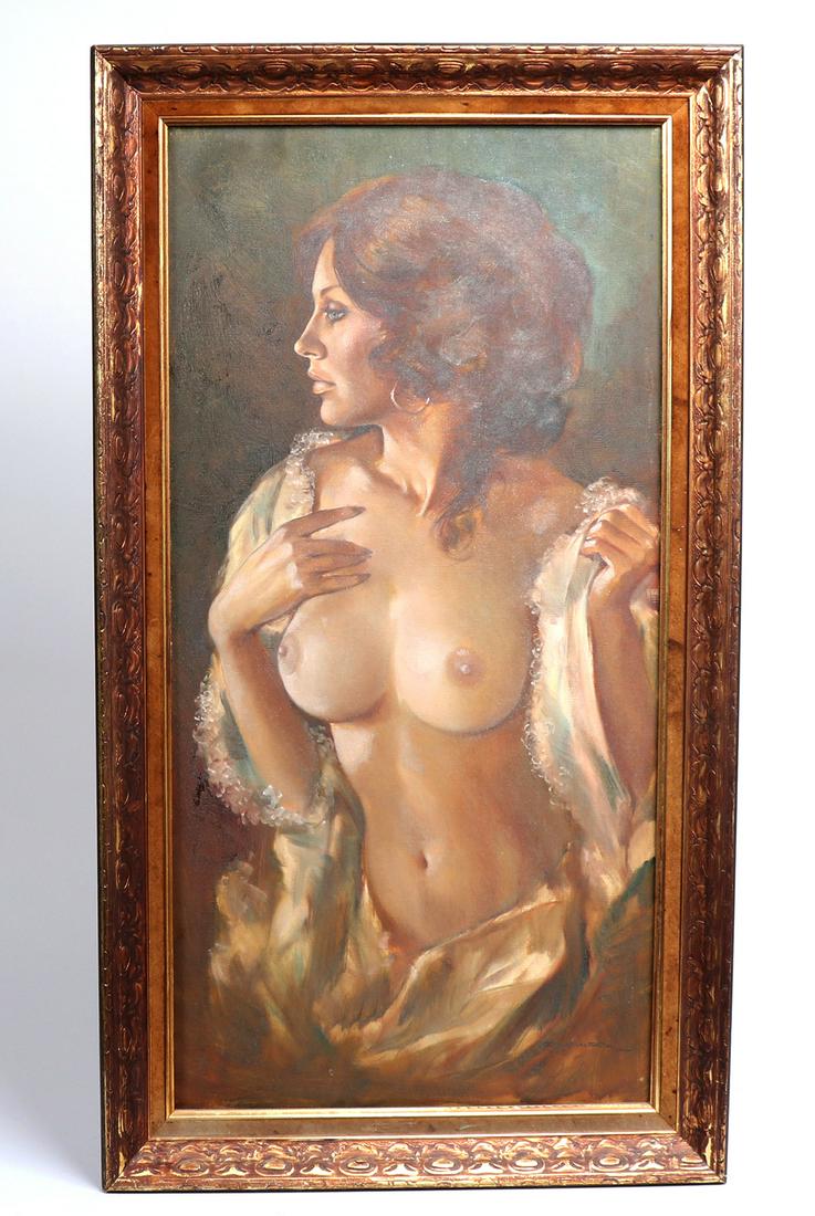 Leo Jansen (Dutch, 1930-1980) Nude Oil Painting: Tantalizing and intimate in Leo Jansen's classic form. A brunette pinup girl, face turned to the right looking outward, breasts and midriff exposed. She wears gold hoop earrings, and a silk robe with