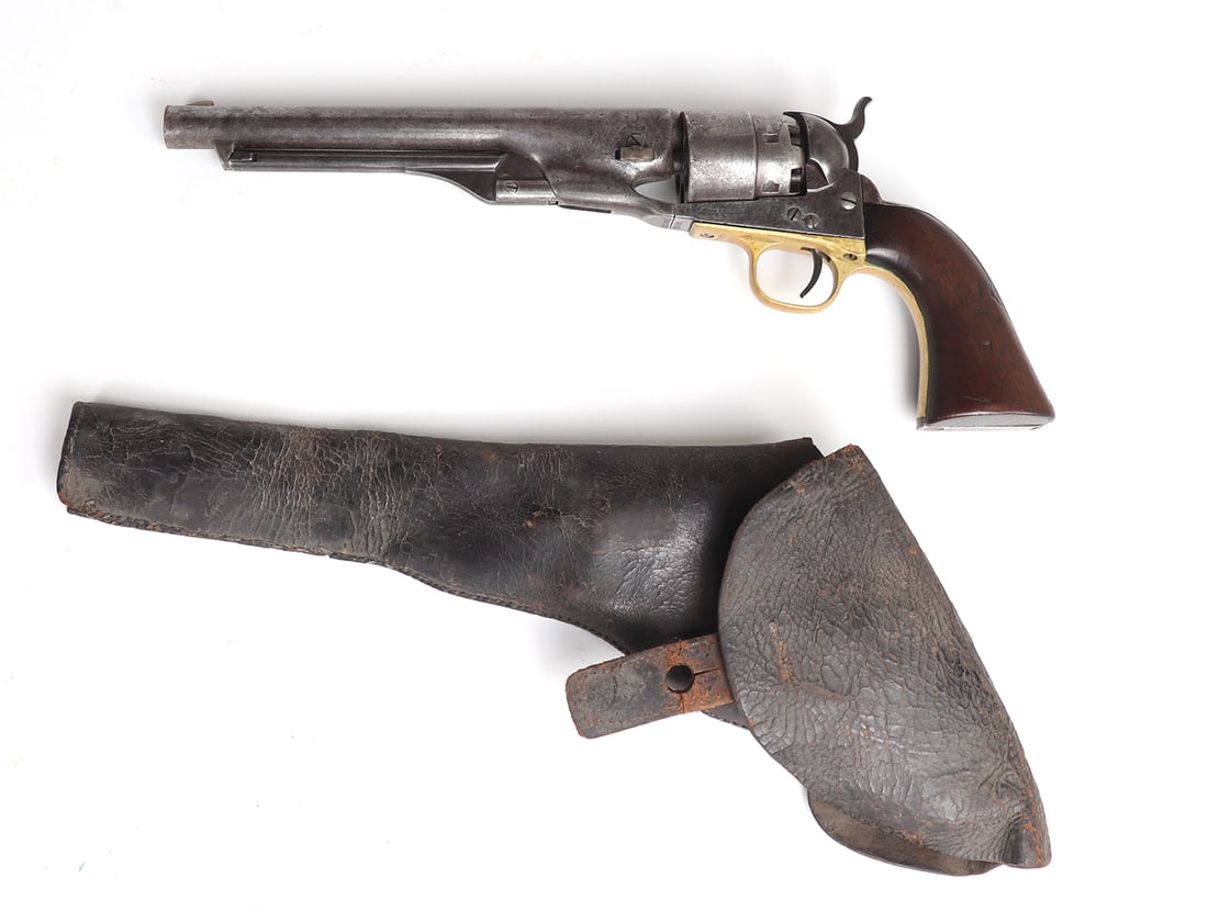 Colt Model 1860 Army Pistol .44 Caliber w/ Navy Engagement Scene & Original Holster: U.S. AMERICA, New York, Manufactured Col. Sam L Colt NFW New York. US Model 1860 listed as year of manufacture 1863, Army (.44 Caliber with Naval Engagement Scene on Cylinder) rare model manufactured 