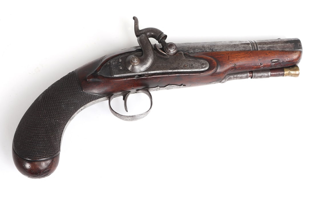 Fine English Gentlemen's Percussion Pistol by Dutton, London Circa 1840s: Large Bore Muzzle loading percussion cap pistol manufactured by Dutton in all original condition. The barrel is a large heavy smooth bore with no rifling, multifaceted forward section, octagonal prima