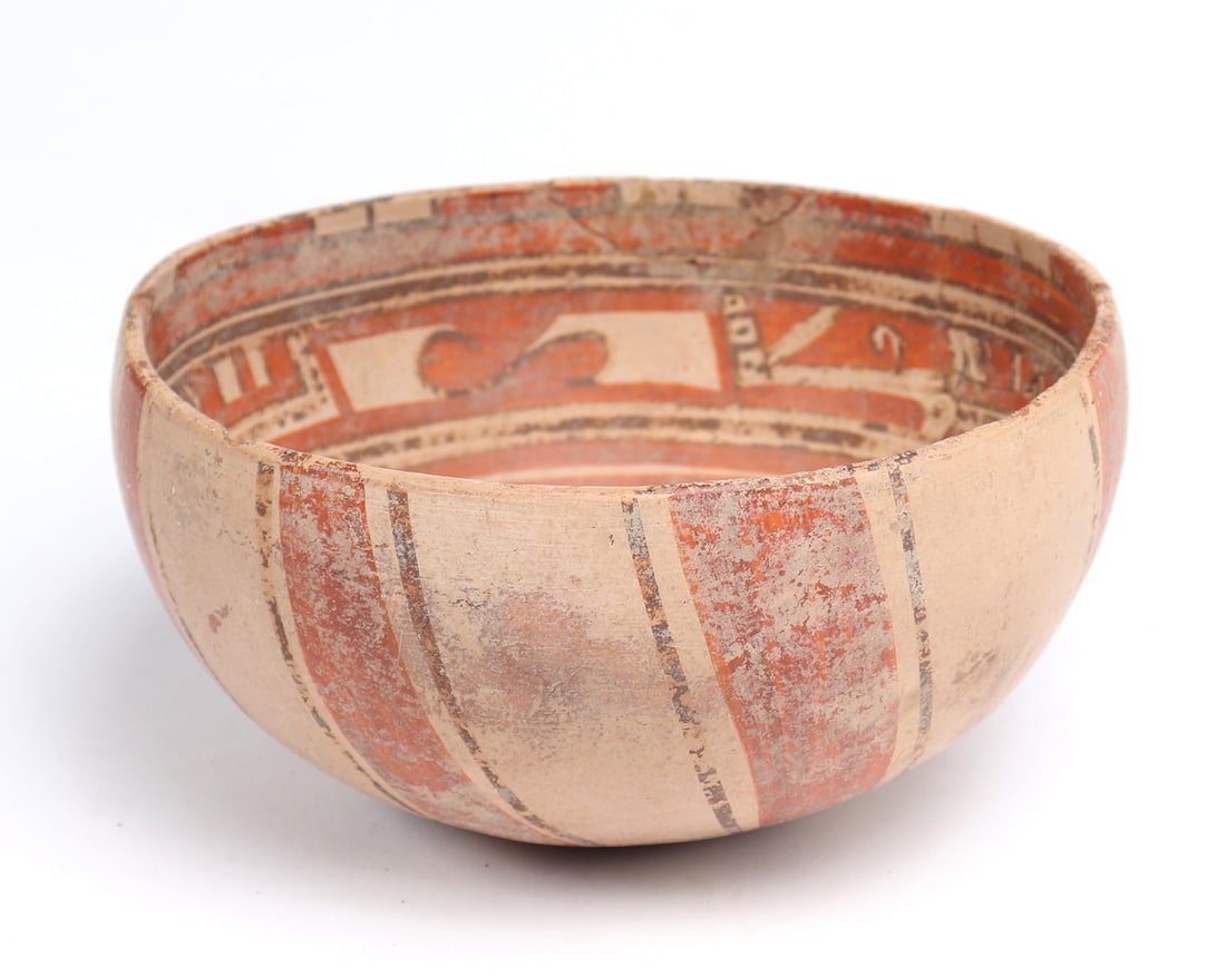 Pre-Columbian Mayan Glyph Bowl, Late Classic 540-900 CE: South America, Guatemala / El Salvador / Honduras, probably Copan Late Classic 540-900 CE. Pre-Columbian deep glyph bowl with a series of swirled reddish-orange and brown bands to the exterior that co