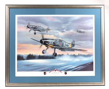 Framed Print by Jerry Crandall (1935 - 2022) 'The Knight At Dawn': Depicting three ME-109 fighters being lead by Erich Hartmann in Hungary. Erich Alfred Hartmann (19 April 1922 â€“ 20 September 1993) was a German fighter pilot during WW II and the most