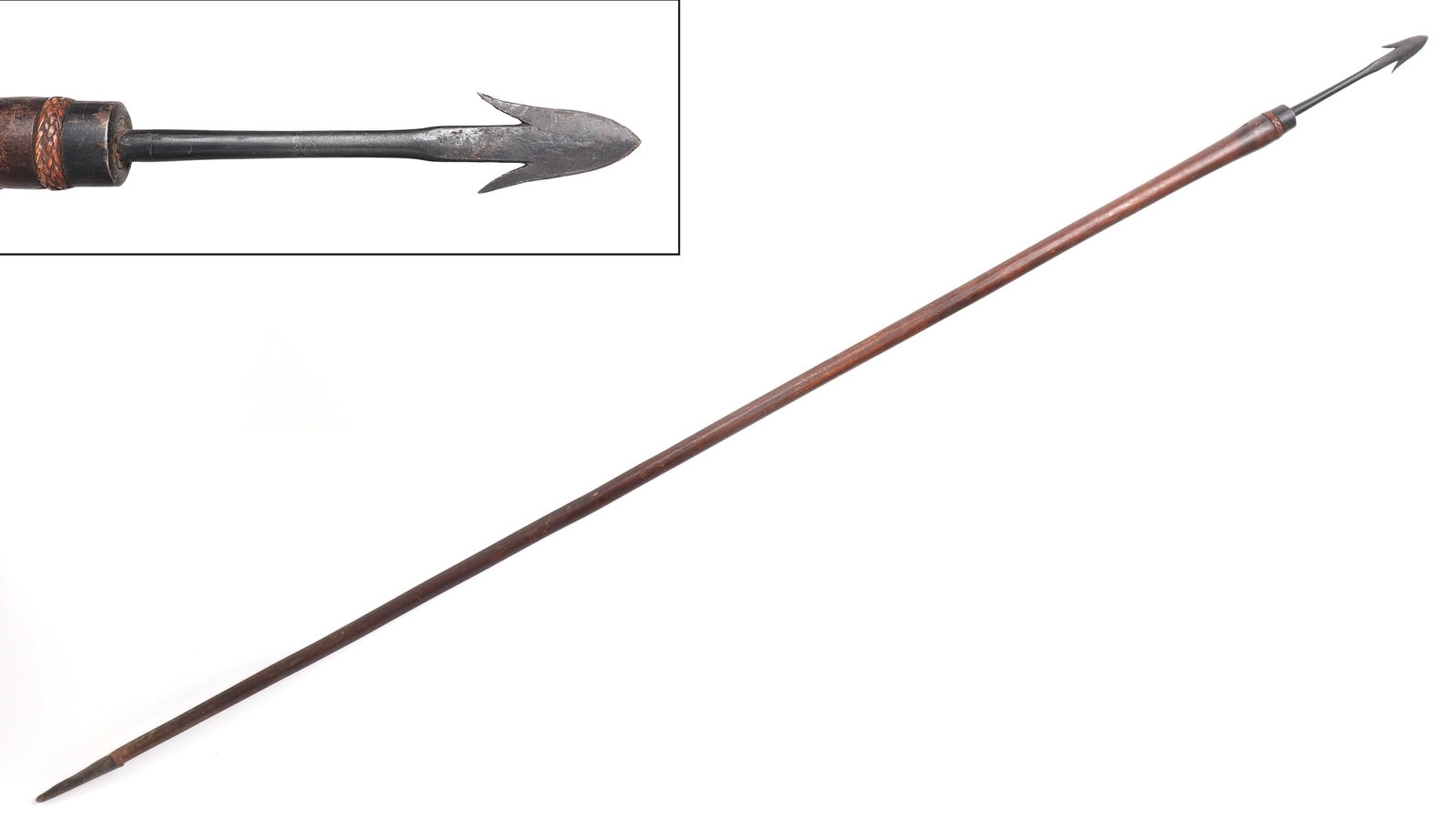 Filipino "Falfog" Fishing & Hunting Spear, Igorot: Finely made Philippines spear with narrow iron spearhead, iron capped base, and finely braided rattan detail to neck. Spears such as these were used by Filipino men to spear fish and other sea creatur