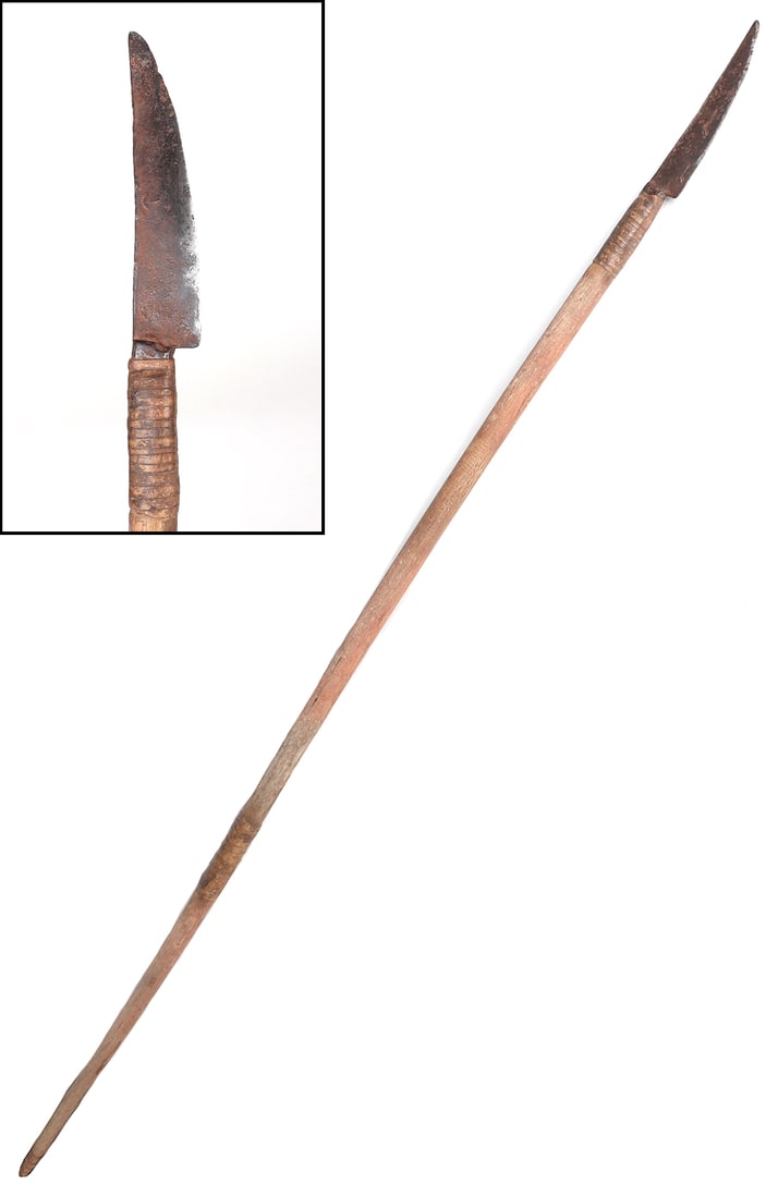 American Frontier Buffalo Hunters, 17th-19th C.: North America, composed in the 17th-19th century as a polearm for use by Native American or frontiersmen as a buffalo hunters spear. Long single edged blade affixed to the shaft of the polearm with tw