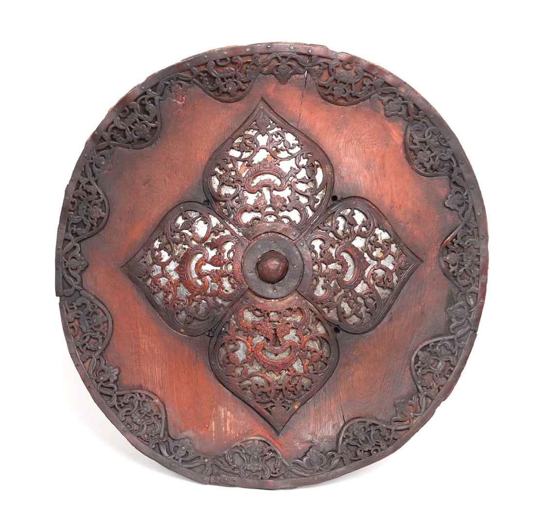 Early Indonesian "Baris Perisi" Shield, 19th c.: Southeast Asia, Indonesia, Java or Probably Bali, 19th century Balinese ceremonial dance round shield. Still practiced throughout Northern and Southern Bali. The shield is of a wave like circular form