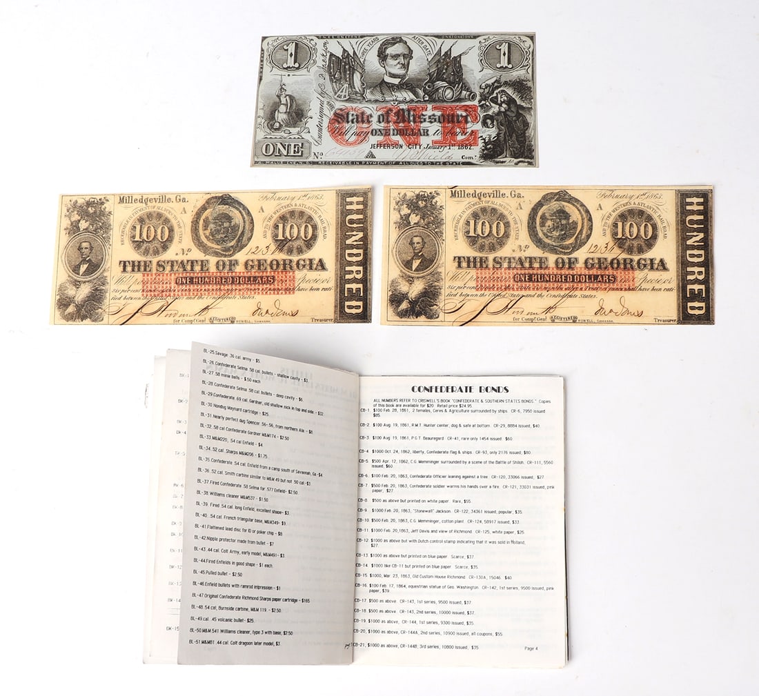 Confederate CSA One Note and Two Hundred Dollar Bills: Civil War Period, CSA Confederate States of America One Note #64159, 1862 US CSA obsolete currency, State of Missouri, Jefferson City $1 Dollar on recycled paper. Two 1863 $100 State of Georgia, Mille