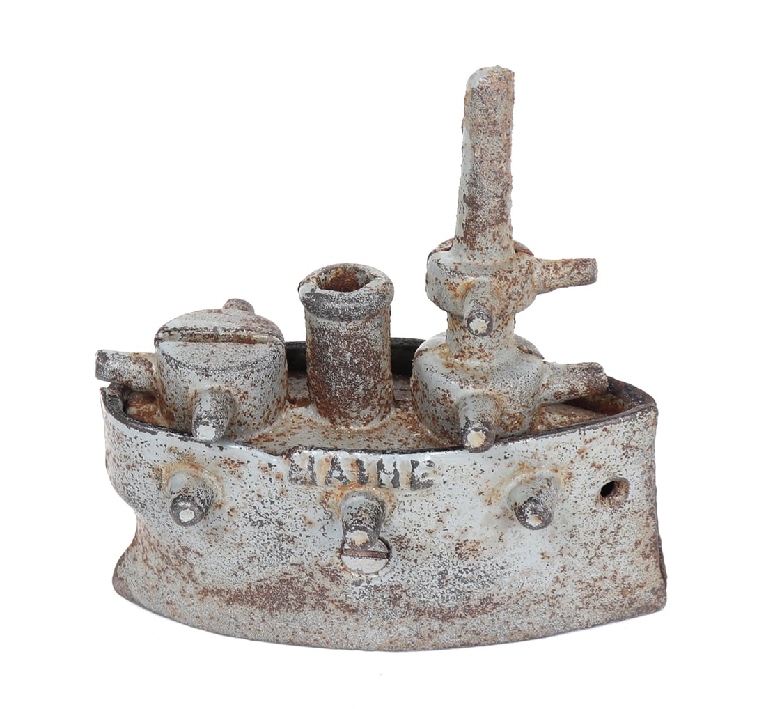 Vintage Cast Iron Ship Bank: The 'Jaime' weather ship bank is a still bank with a slit to the top for coins. Size 4 1/4" L