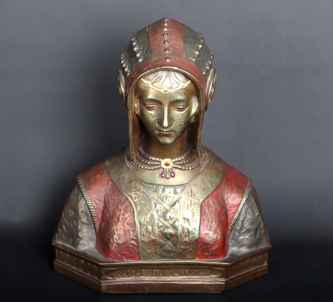 Gilt Renaissance Style Bust of Queen of Navarre: Renaissance style bust inscribed , "Margherita Di Valois 1499". Probably plaster with polychrome and gilt paint, depicts a mourning Margherita Queen of Navarre mistreated by her brother King Henry III