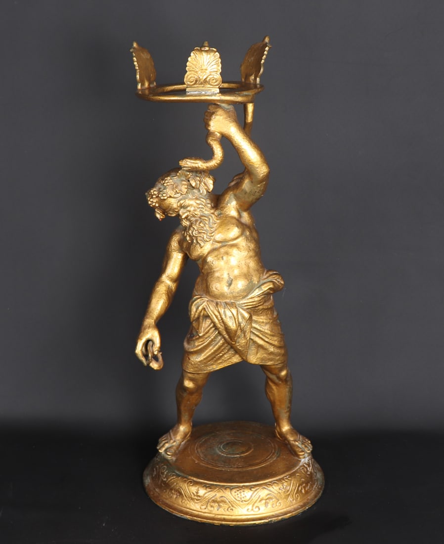 Large Sculpture of Drunk Silenus and snake: Old sculpture of Silenus the younger gods tutor often considered to be the oldest, wisest, and most drunk of Dionysus' followers. A large sculpture with Silenus grasping a snake held high and circular