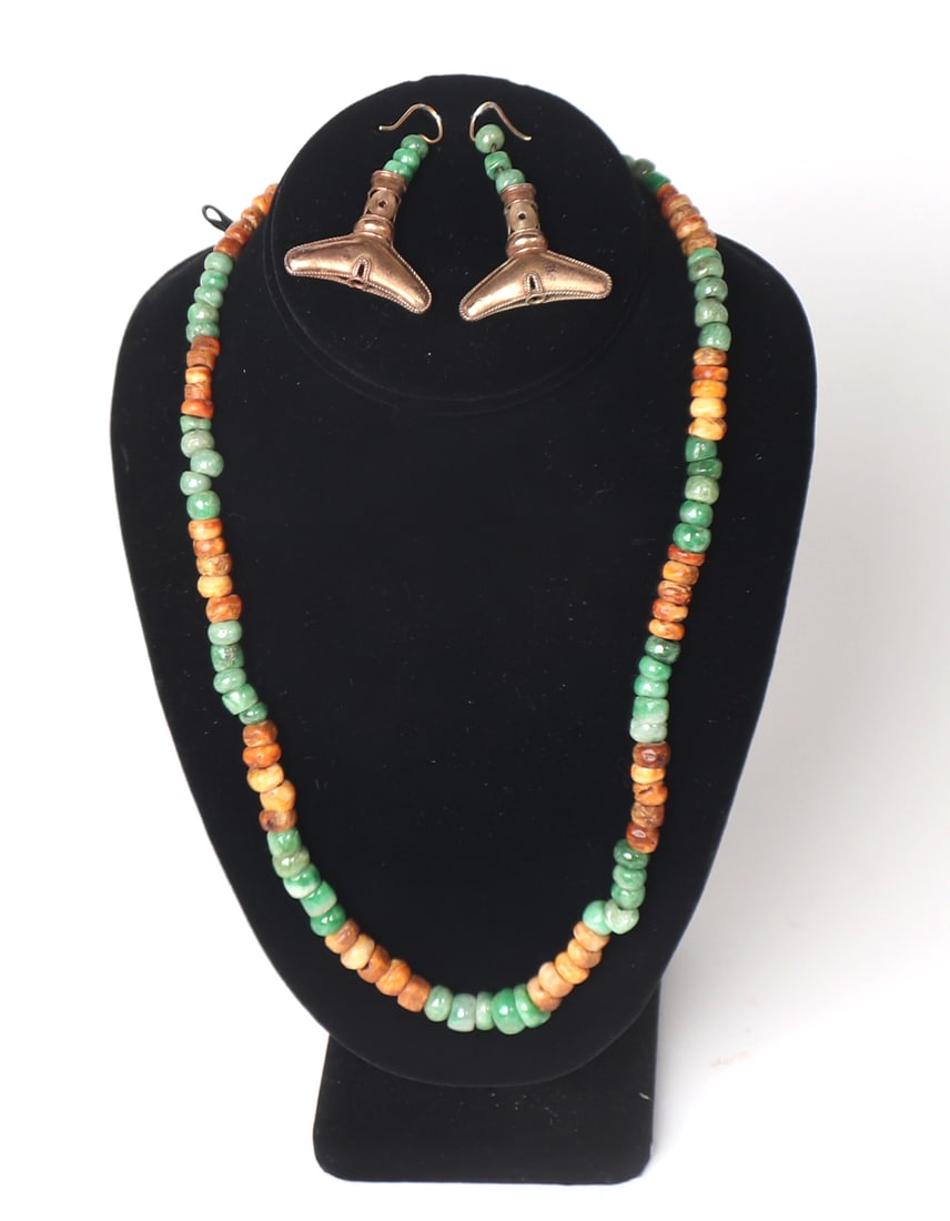 Apple-Green Jade & Shell Mesoamerican Necklace & Earrings: Pre-Columbian, Mayan Territories and Tairona, Guatemala likely classic period 200-900CE and later. Tairona style with tumbaga gold earrings. Necklace constructed of a series of imperial jade beads wit