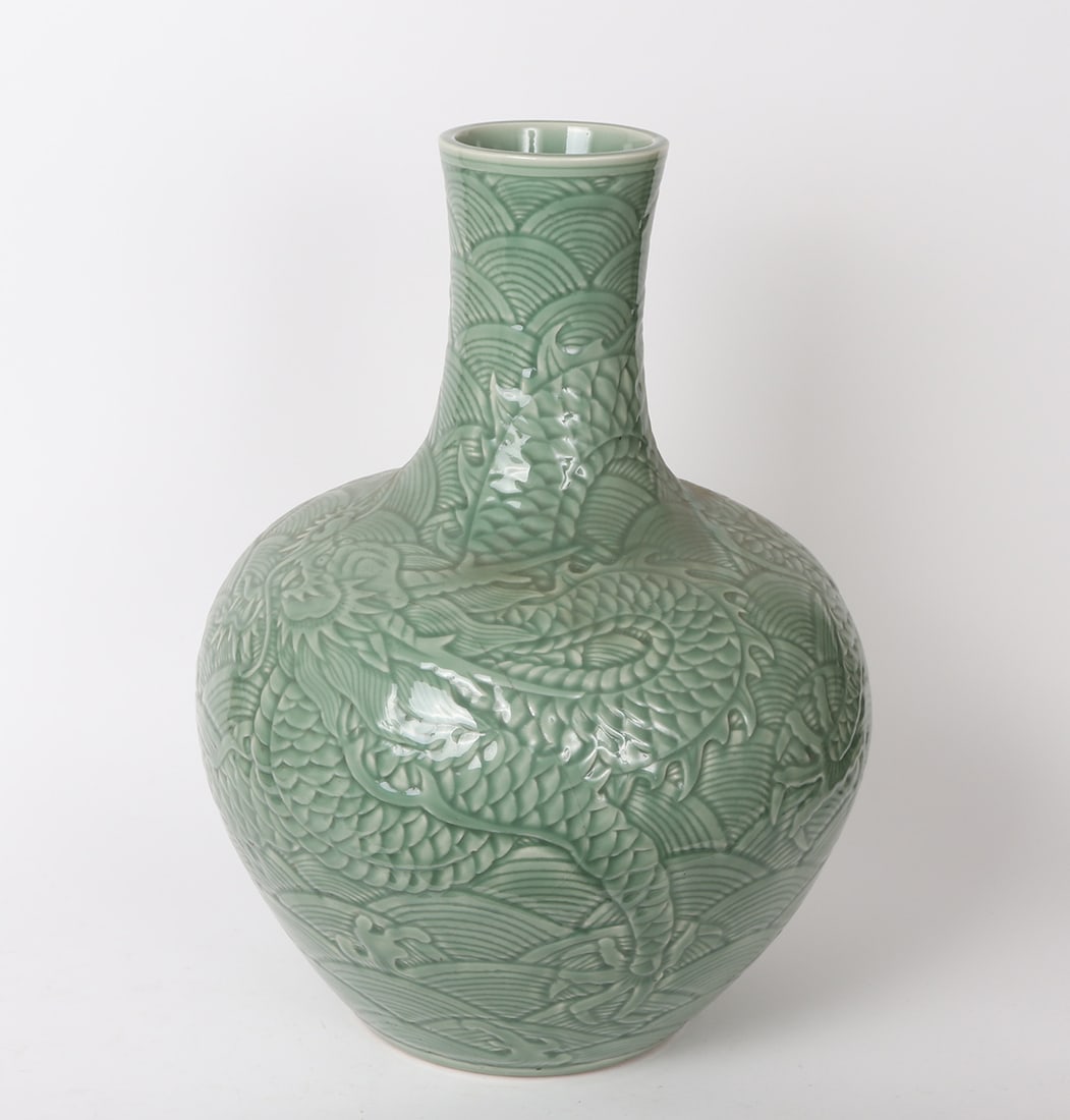 Large Chinese Incised Celadon Dragon Jar: Large Chinese incised jar incised with five claw dragon designs, 22" H