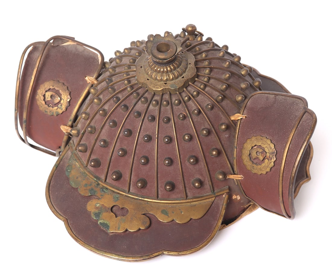 Japanese Fireman or Kaji Kabuto Helmet, Meiji period: Fine bronze gilded and red lacquered Kaji Kabuto helm from the early Meiji period 1868 - 1912. Red lacquer with bronze decoration and side plates, the interior signed. Japanese firefighters wore heavy