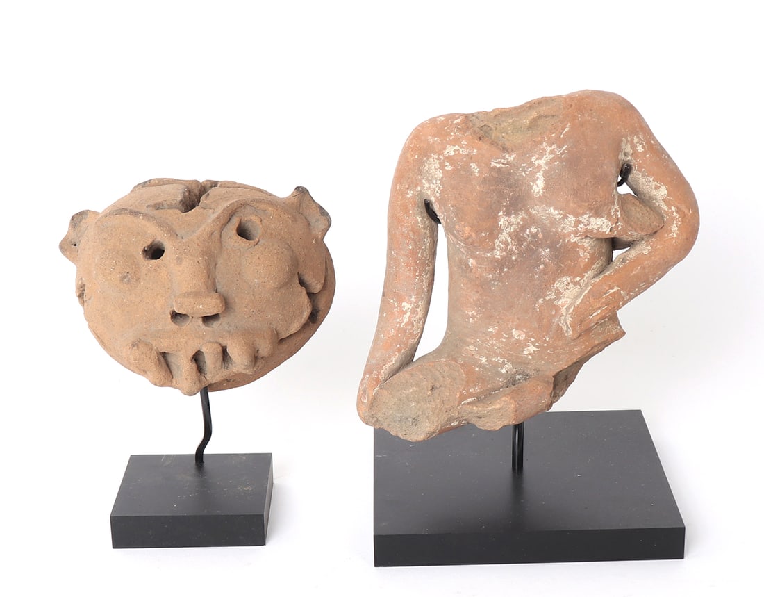Olmec Pottery Masket and Headless Figure: Pre-Classic circa 1150 to 550 BC. Excellent strong Olmec characteristic in the molded solid figural fragmented seated form, burnished surface throughout. Proto Maya mask is hollow and rattles. Each se