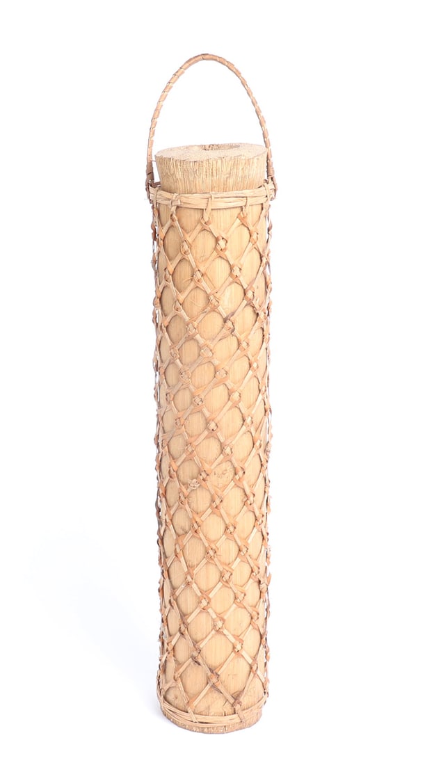 Filipino Rattan and Bamboo Canteen: Lovely rattan wrapped in a basket weave fashion bamboo canteen. Pale untreated bamboo canteen with lid and carrying handle. Size 17" L