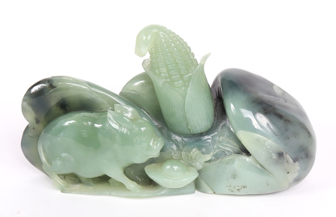 Chinese Money Pig Cornucopia Green Hardstone: Happy lucky pig with hardstone ingot, finely carved corn cob coming out of a cornucopia style vessel. The hardstone has light and dark green marbling throughout. Size 11 3/4" L
