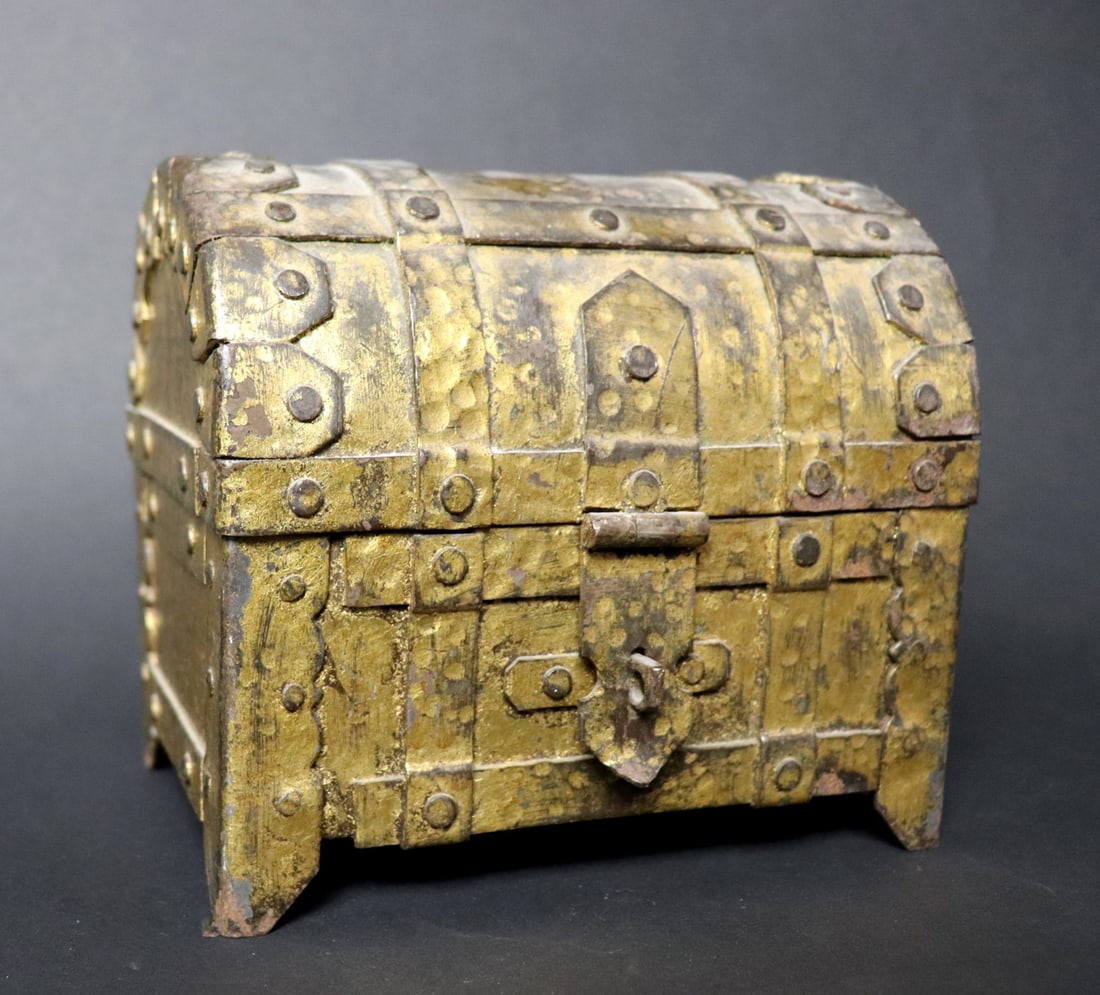 Strapped Steel Casket: Painted gold strapped steel casket with riveted joints and hammered decoration throughout. Late 19th or early 20th C. 6.25" W x 5.75" H X 4.25" L California arms collector 2007
