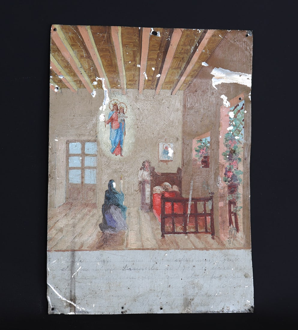 Mexican Ex Voto "Father and Christ Child" Painting on Tin, Circa 1925: Mexican Ex Voto panting of the father and Christ child at a pilgrims bedside with praying prioress in a Spanish mission. 14" H x 10 1/8" W