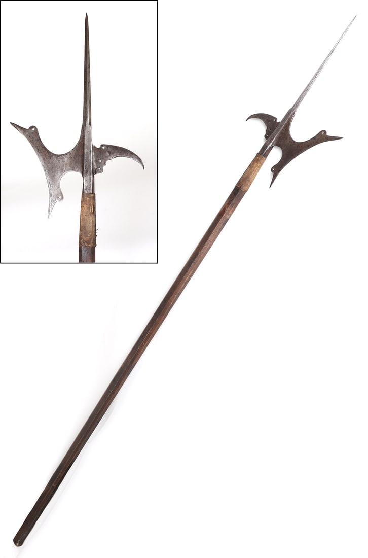 Borderlands Frontier Halberd, Italian circa 1590-1601, Onate Period: Europe, Italy for the Spanish Colonial market, manufactured around 1600 during expansion into New Spain Oñate period (1590-1601), New Mexican, taken and used by the Pueblo Indians. The halberd featur