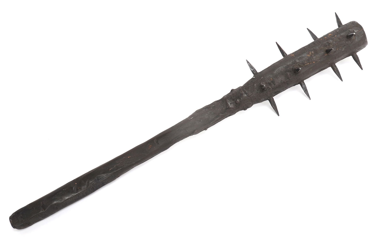 European Morgenstern or Morning Star Club, 17th c.: European probably German Morning star of the late 16th or 17th century, with tar finish and four rows of old iron spike to all sides. Heavily pitted and damaged from use iron straps below the head wit