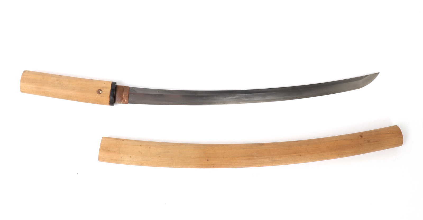 Signed Japanese Wakizashi Sword, Koto Period 900CE - 1596CE: Japanese signed Wakizashi sword, Koto period 900CE-1596 CE. All wood Shirasaya or white sheath which is designed to protect a blade from corrosion due to prolonged absence of use. Size 25 1/2" L, blad