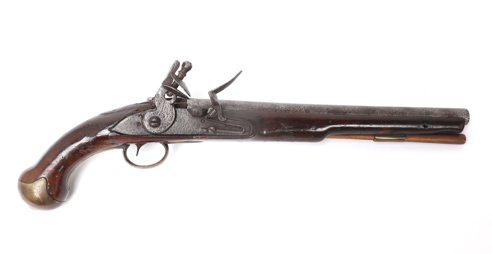 Revolutionary War Flintlock Pistol by Bumford: Flintlock pistol from the American revolutionary war 1775-1783 period and use. Dark wood stock, brass mounts, and early pitted steel lock. Marked Bumford to the lock plate and with three marked to the