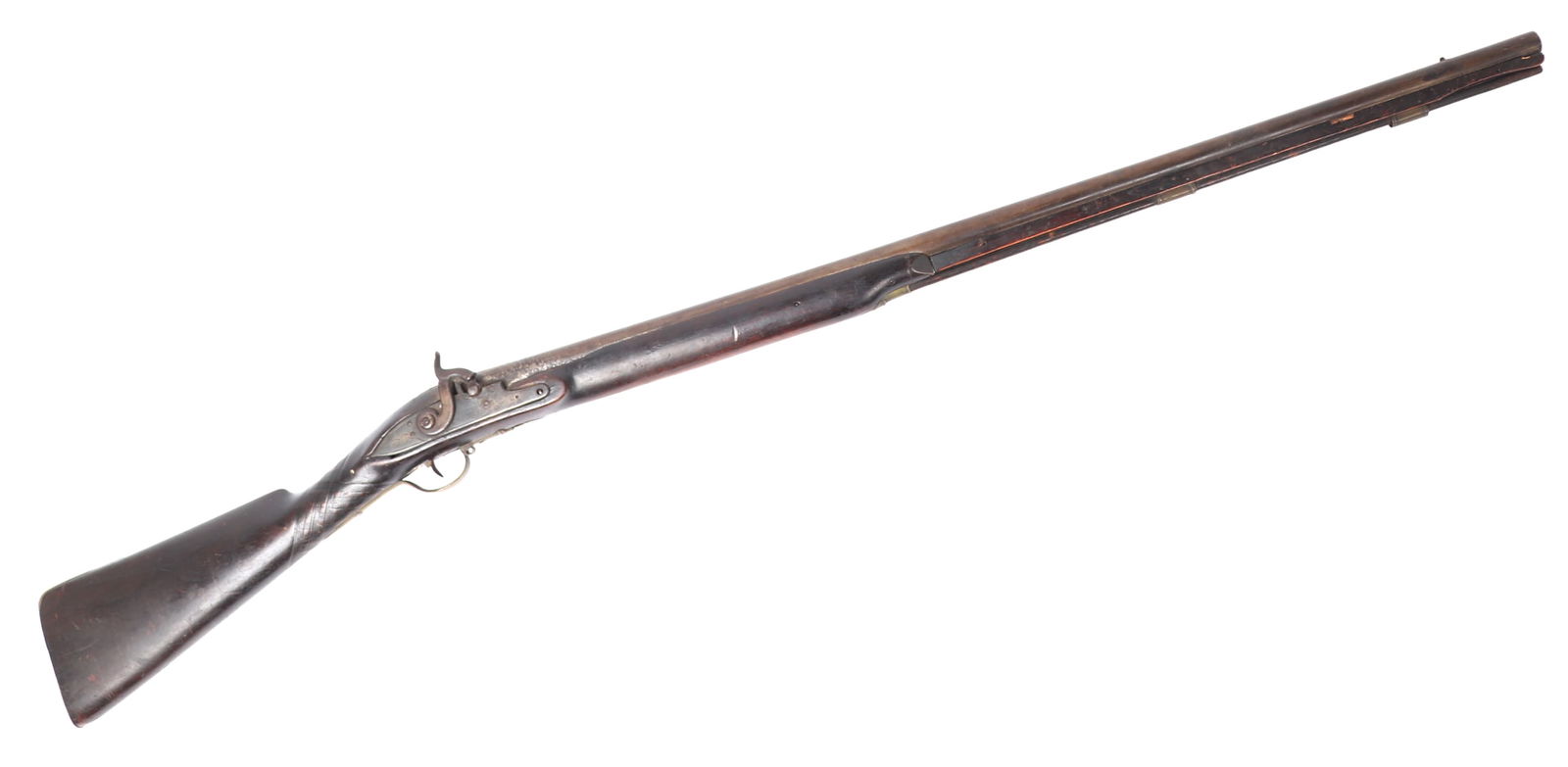 Antique Black Powder Percussion Rifle: Antique black powder percussion US rifle of the 19th century with half stock, single shot muzzle loading with cross hatch designs to stock before lock plate with has some illegible engraving. Size 50