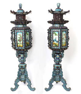 5 Ft Monumental Pair of Chinese Cloisonne Temple Lanterns: Monumental pair of Chinese cloisonne lanterns cast in patinated copper and enameled in the multi-colored cloisonne with scenes of scholarly objects, cloud formations, and floral scrolling. The lantern