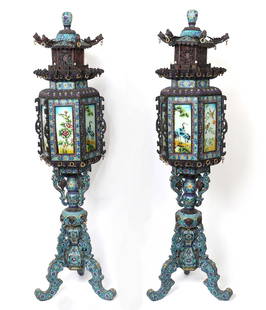 5 Ft Monumental Pair of Chinese Cloisonne Temple Lanterns: Monumental pair of Chinese cloisonne lanterns cast in patinated copper and enameled in the multi-colored cloisonne with scenes of scholarly objects, cloud formations, and floral scrolling. The