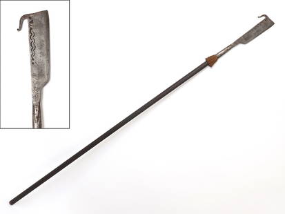 European Bill or Halberd, 19th century or earlier: Old Bill or Halberd polearm with a cleaver like face single edged and a turned steel hook to the rear. The blade marked to the face with initials (FA) and a series of Star symbols with a wavy band of