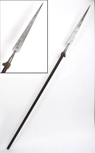 Italian 'Ox Tongue' Spear, 16th-18th C.: Period large 'Ox tongue' spear with long triangular pointed double-edge blade and socketed base. Predecessor to the partisan with development in this style first used in the early 1400's and