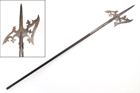 Openwork Parade Halberd, 19TH-20TH C.: Old vintage halberd from the 19-20th century with wide shape central spike and pierced designs. Similar in design to early American 19th C. Halberds. Size 90" H, blade 11 1/2" L