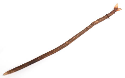 "As Found" Native American Shaman Staff w/ Bifurcated Snake Tongue Point: North America, Native American, digging stick or snake stick. Bifurcated quartz crystal point affixed to wood shaft, carved in high relief to the upper section depicting a serpent. Some fiber weaving