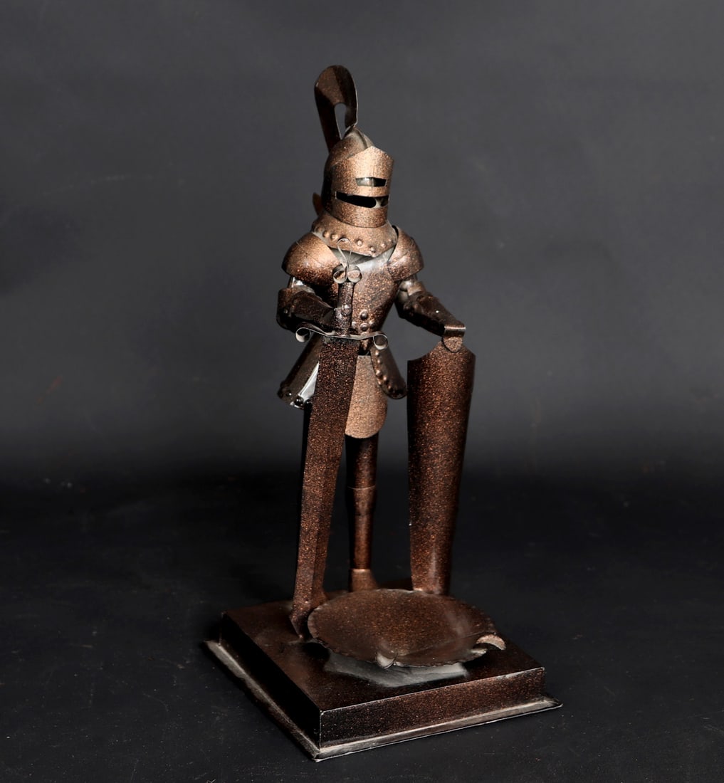 Miniature Man In Armor Card Holder: Miniature suit of armour painted and with shield and sword for use as a business card holder. Size; 9 1/2"H