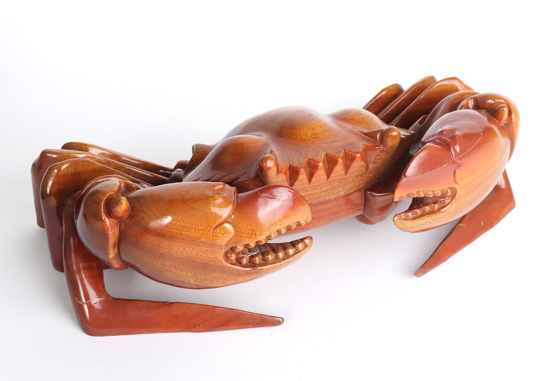 Signed Large Lifelike Wood Crab: Incredibly large teak wood crab in a protective stance with claws raised. The piece is signed on the reverse of one crab leg - appears to be "Chau". Size 17" L x 9" W x 6" H