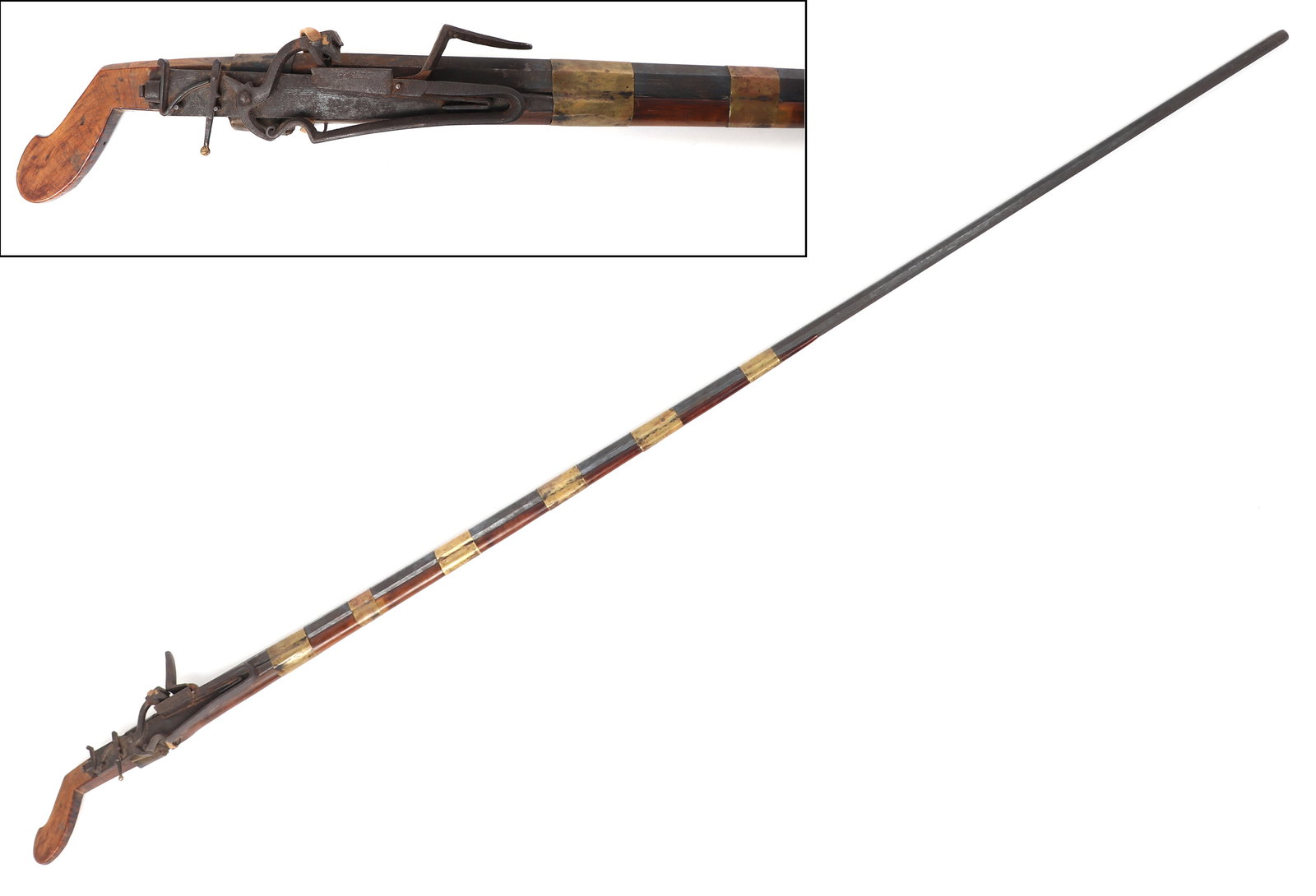 Hmong "Monkey Gun" Musket Flintlock Rifle, 1800's: Southeast Asia, Vietnam, Central Highlands, (Red River Delta) Hill Tribes Hmong mountain yard peoples circa 1800s and later. The musket has an octagonal barrel, finely kept stock and a characteristic