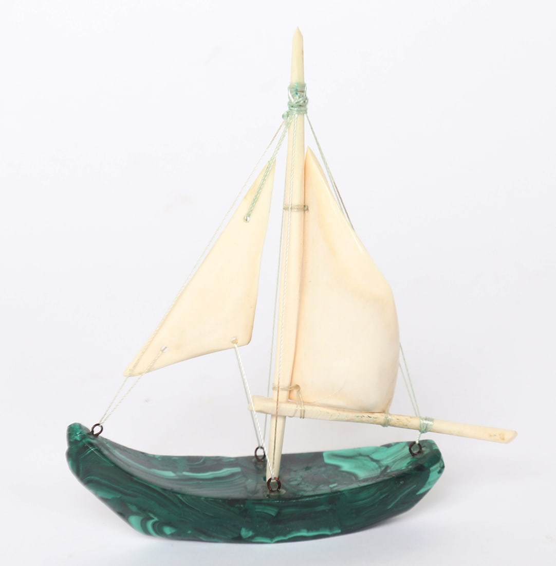 Fine Malachite & Bone Sail Boat: Vintage malachite and bone carved sail boat, classic malachite highlighted with snowy veins flowing in all directions, similar to waves at sea. Beautifully carved malachite hull with bone halyards, ma