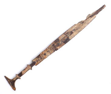 Extremely Rare Genuine Luristan Iron Dagger, Circa 1000 BCE: Extremely rare Luristan iron dagger, circa 1000 BCE. Long blade with raised central ridge. The dagger of elegant form and forged in one piece, the hilt with lovely pommel shape. This rarity brought ba