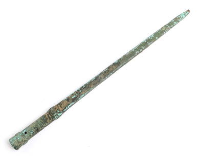 Superb Luristan Spear, Circa 1000 BCE: Superb Luristan spear circa 1000 BCE. The socket decorated with relief motifs and turnings. The shaft with chevron decoration. Ultra fine original patination. Piece brought from Turkey to the United S