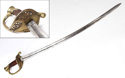 American Civil War Foot Officers Sword: American civil war sword with polished heavily pierced brass handle and rewrapped grip. Single edged blade with slight curve and flat back, etching to the face near handle but is worn and hard to