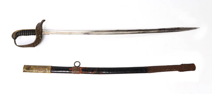 Austrian Naval Officer Saber Sword: Model 1850 / 71 Imperial Austrian naval officers sword or saber with original scabbard. Single edged straight blade with a shallow fuller length of the baled. Scabbard with original leather and brass