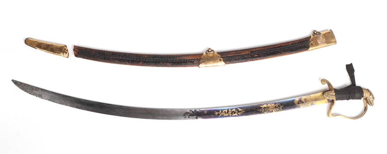 American Eagle Head Pommel Calvary Sword, C. 1805-1820: American circa 1805-1820 bright fire-blued blade with gilt accented inscribed American Eagle, E PLURIBUS UNUM on banner, and various military motifs. With scabbard and heavily gilt scabbard fittings.