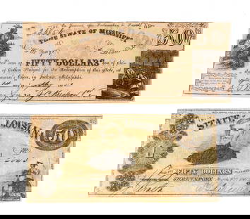 Mississippi Cotton Pledged Fifty Note & Louisiana Fifty Note: United States CSA Confederate States of America, the state of Mississippi note #268567 issued May 1st 1862, with a Native American to the left side and a cotton field with two slaves on the right.