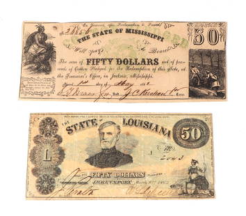 Mississippi Cotton Pledged Fifty Note & Louisiana Fifty Note: United States CSA Confederate States of America, the state of Mississippi note #268567 issued May 1st 1862, with a Native American to the left side and a cotton field with two slaves on the right. Sec