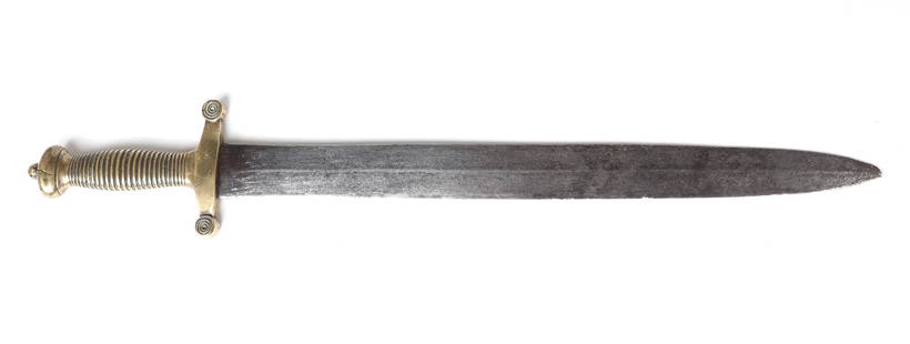 European Gladiator Sword, 19th century: Gladius sword 19th century, double edged blade with a single solid brass handle with incised bands to grip. Size 23 1/2" L, blade 17 1/2" L