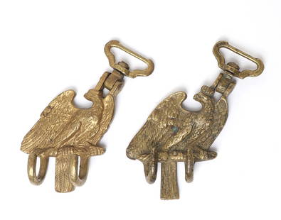 Imperial German Drum Hanger: Two Imperial German or WWII drum eagle Trommelhaken cast brass with hooks. One with the crown over eagle and the other a later casting. Size 4 1/2" H