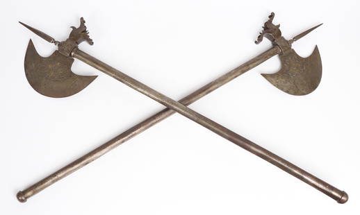 Fine Pair of Dual Indian Battle-Axe, 19th C.: Persia or India, fine pair of dual Indian battle-axe, 19th century. All steel construction with gilt, decorated and engraved crescent moon shaped axe heads and both with a tall central four sided