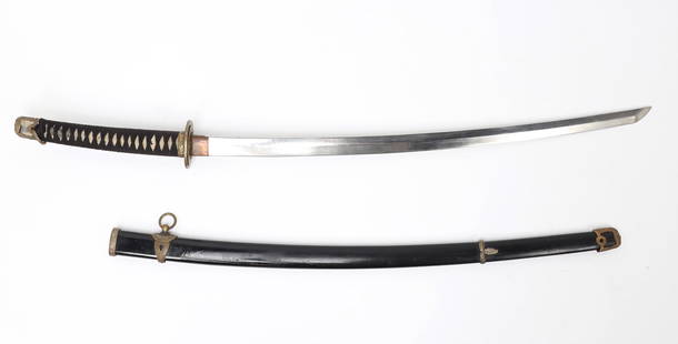 Japanese WWII period Gunto Katana Sword: Japanese WWII period katana with lacquered black scabbard and original bronze mounts. Long sweeping blade with a wavy steel pattern. Size 42" L, blade 29" L  Japanese WWII katanas, also known as "gunt