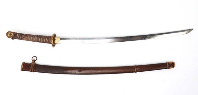 Japanese Officers Gunto Sword, WWII: WWII Japanese Gunto katana (sword) with original scabbard. Gilded bronze mounts, ray skin grip, original wrappings and loop to pommel. Size 39" L, blade 25 1/2" LLos Angeles Arms and Armour Collection