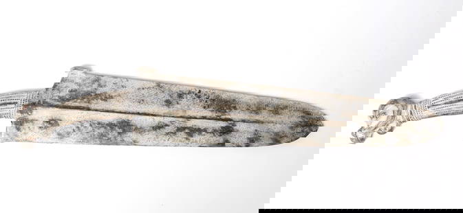 Chinese Archaistic Hardstone Short sword: Chinese Archaistic hardstone short sword with double edge style blade, raised central ridge, and animal head finial. 23 1/4" L